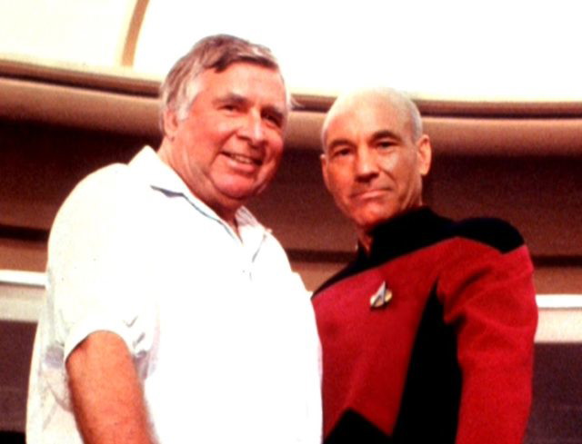 Gene Roddenberry and Patrick Stewart on the set of Star Trek: The Next Generation