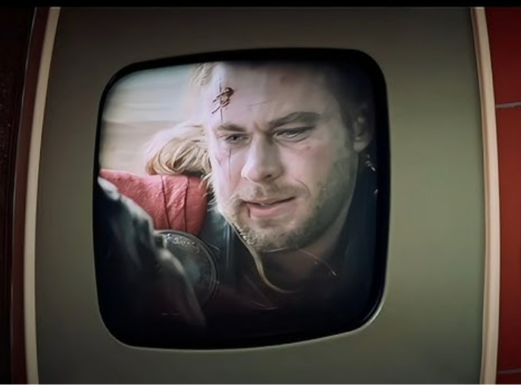 A still from the scene featuring Chris Hemsworth's superhero crying. | Marvel Studios.