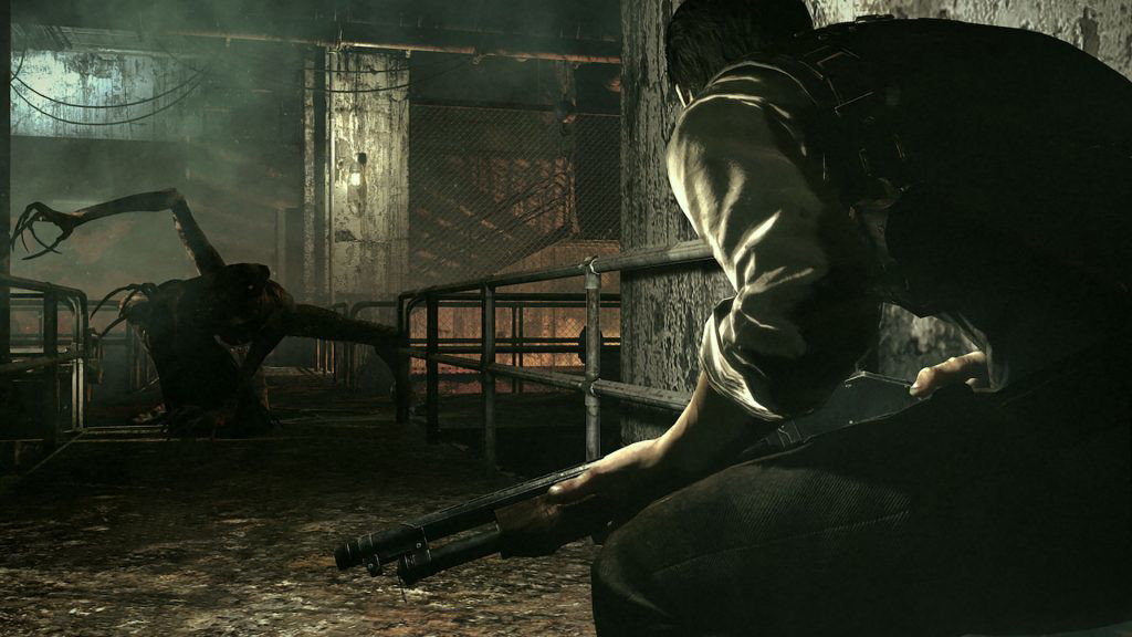 A screenshot of the Evil Within showing the protagonist against a foe.