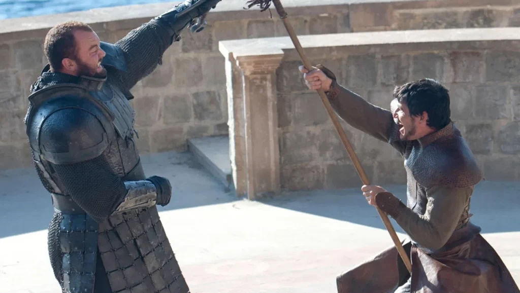 Pedro Pascal as Oberyn Martell and Hafþór Júlíus Björnsson as Gregor Clegane fight scene in season 4 of Games of Thrones