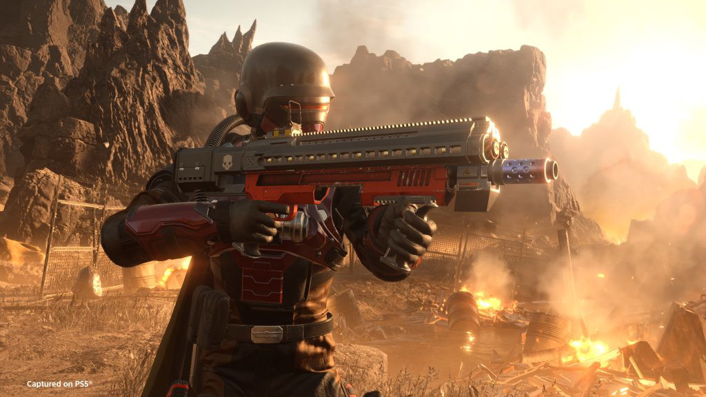 A still from Helldivers 2, featuring a player character wielding the SG-451 Cookout.