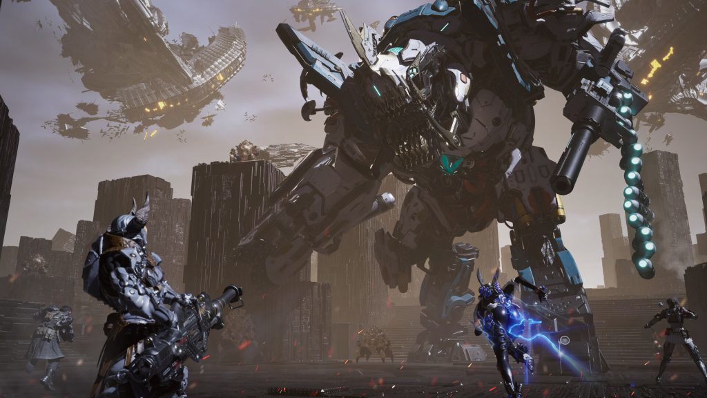 The image shows players fighting a boss in The First Descendant 