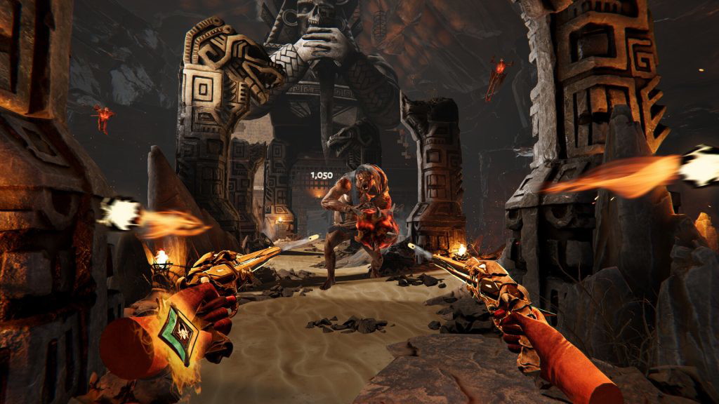 Metal: Hellsinger VR weapons being used in-game.