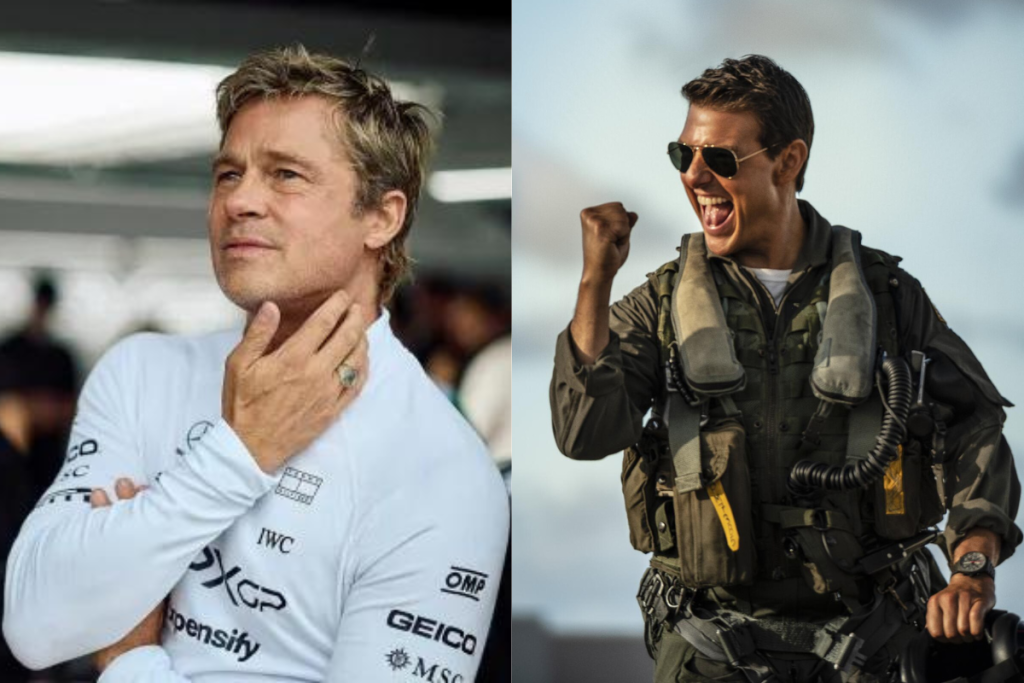 Pitt in F1 (L) and Cruise in Top Gun: Maverick (R). | Warner Bros./Paramount Pictures.