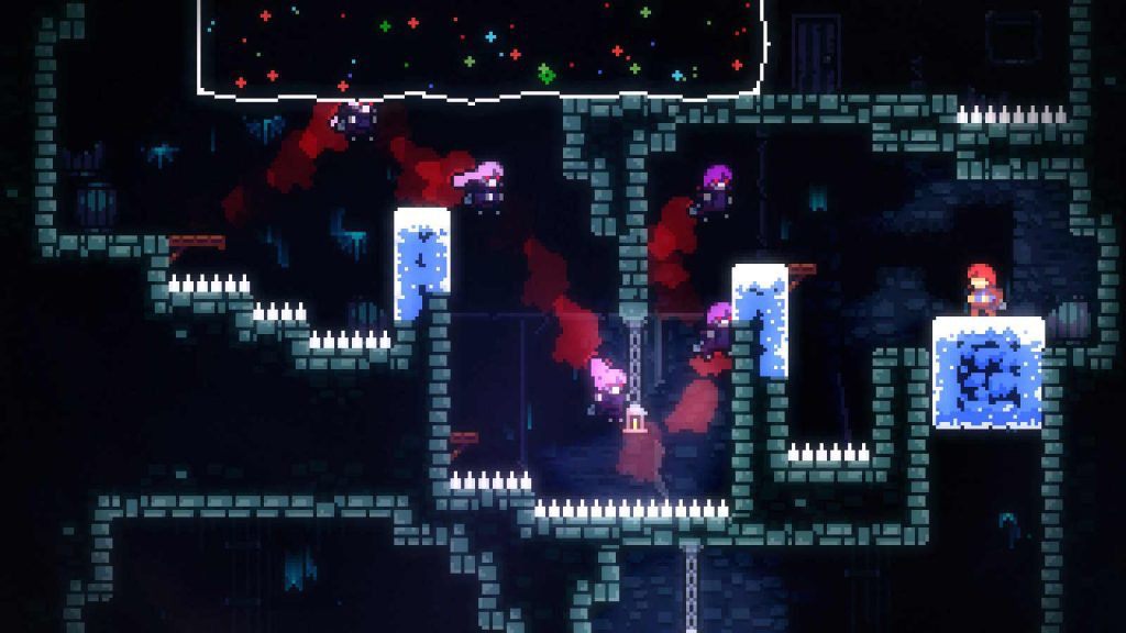 A screenshot of a platforming sequence in Celeste, available on Xbox Game Pass, where the protagonist is followed by four evil versions of herself