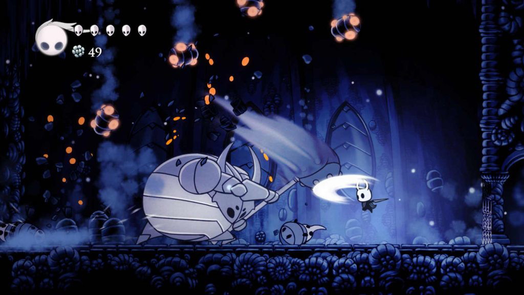 A screenshot of Hollow Knight, available on Xbox Game Pass, showing the protagonist slashing his sword at a boss