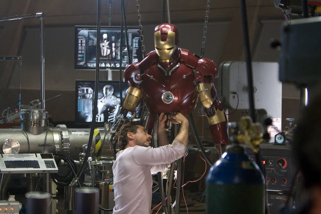 Robert Downey Jr with the Iron Man suit in the 2008 Iron Man movie 