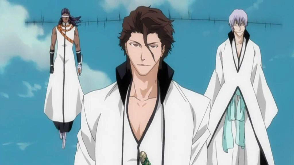 Aizen Sosuke with Gin Ichimaru and Kaname Tosen (Credit: Studio Pierrot)