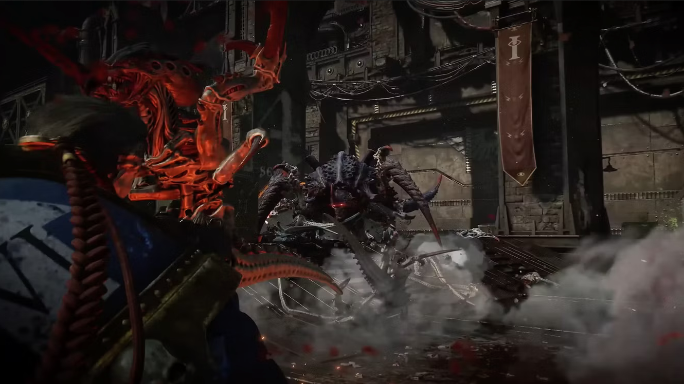 A snapshot from the reveal trailer of Space Marine 2 showing a Carnifex.