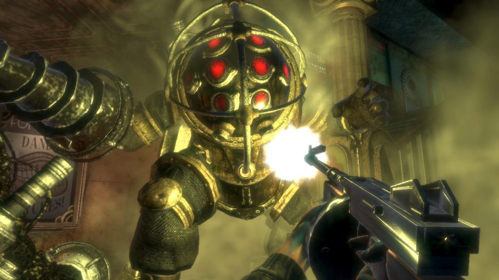 The player shooting at a Big Daddy in BioShock. 