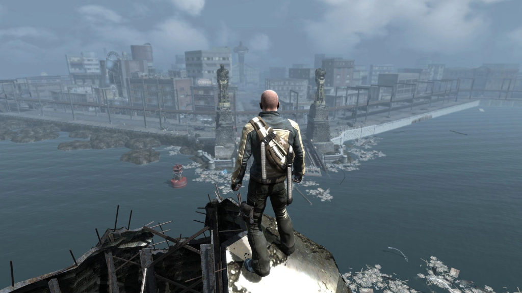 Cole McGrath from inFAMOUS standing atop rubble looking over the city. 