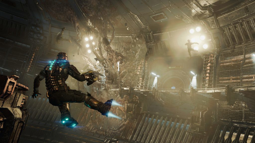 Isaac Clarke from the Dead Space remake maneuvering in zero gravity using his suits jet system.