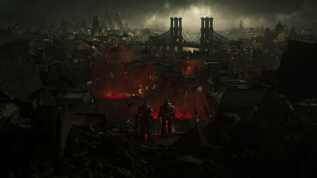 Marcus Fenix and Dom Santiago looking at the skyline of the Sera human colony during the events of E-Day in Gears of War: E-Day.