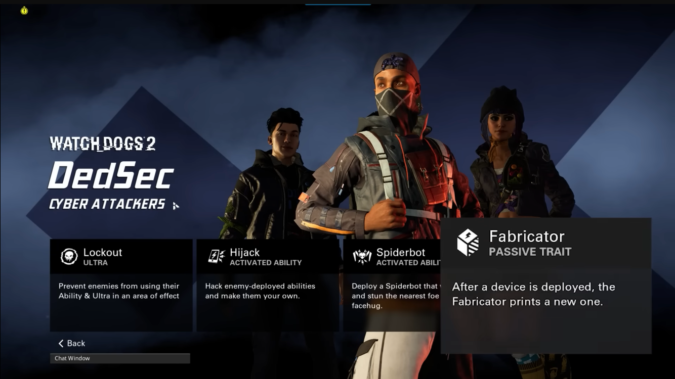 A snapshot from Ubisoft's XDefiant Dedsec faction rundown video showing three playable characters and the faction's traits.