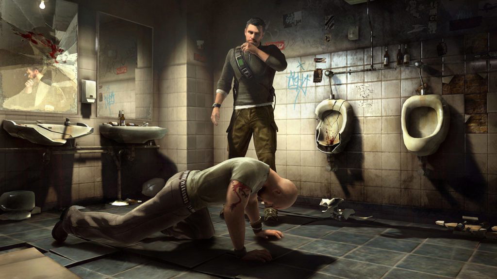 Sam Fisher from Splinter Cell Conviction interrogating a man inside a toilet. 