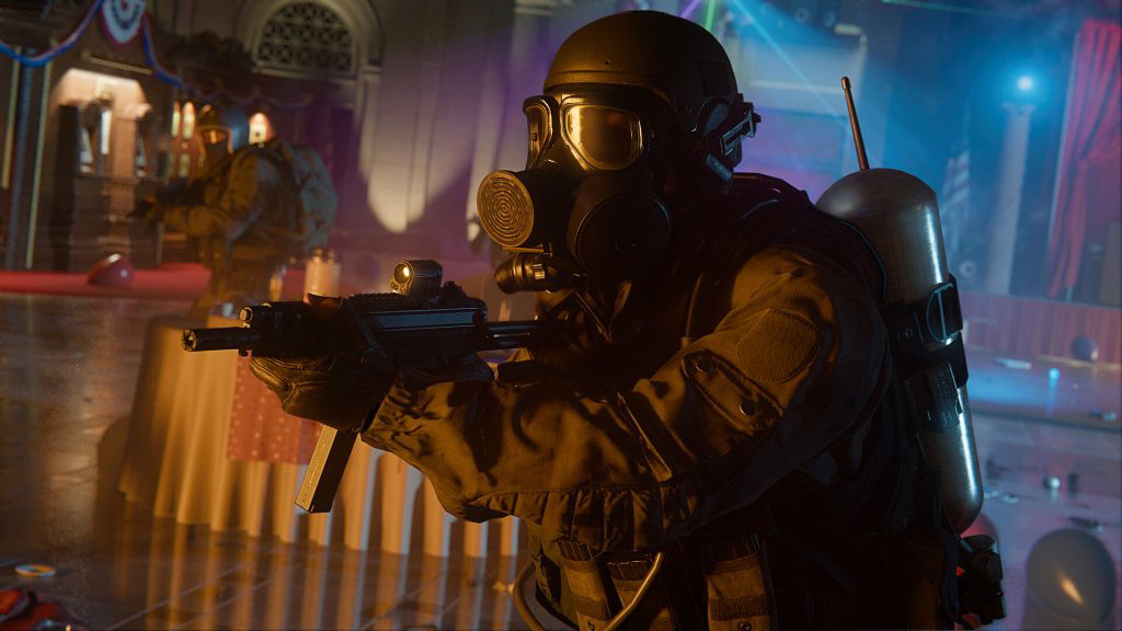 A solder in Black Ops 6 walking throat a location with a gas mask and their gun raised.