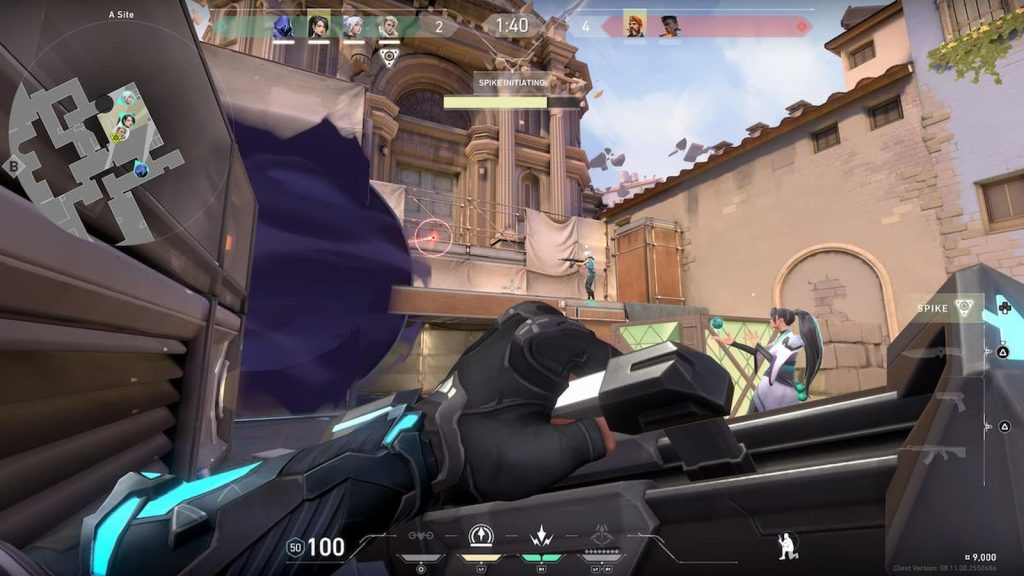 The image shows a Omen Player planting a bomb on Ascent's A Site in Valorant on Console 