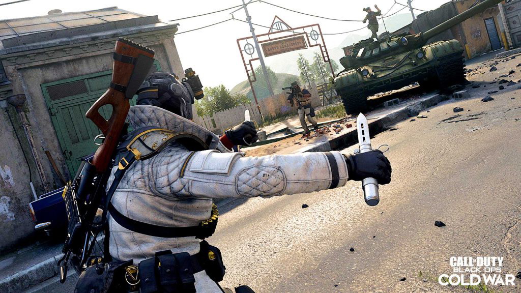 An in-game screenshot of Black Ops Cold War showing a player wielding a melee weapon. 