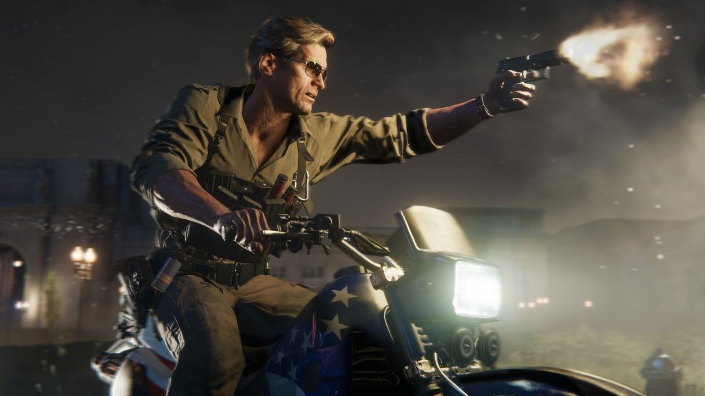 An in-game screenshot of Black Ops 6 showing Adler firing a side arm while riding a dirt bike. 