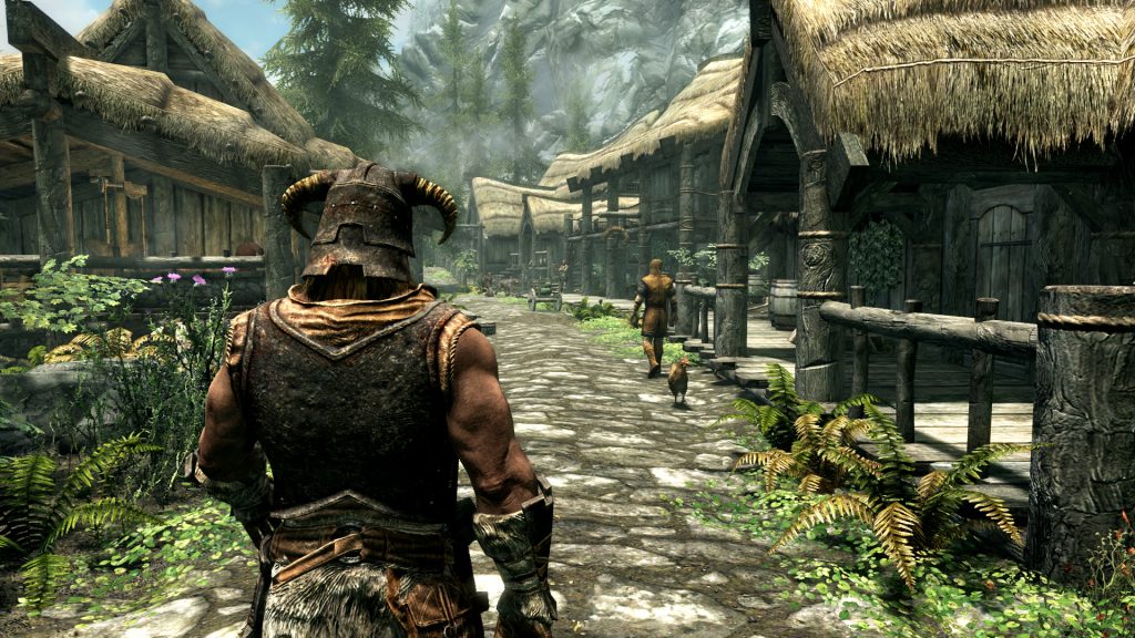 The image shows a player walking through the street in The Elder Scrolls V: Skyrim 