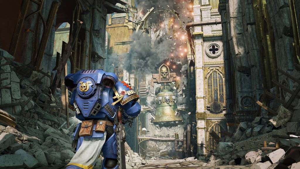 A Space Marine walking through a ruined city.