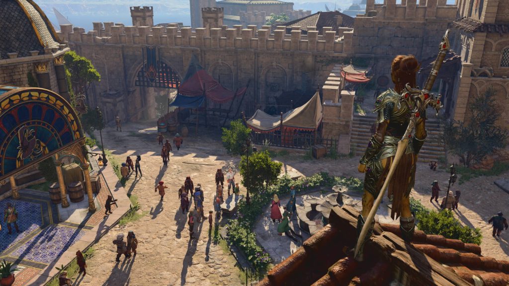 the image shows a player standing on the roof and overlooking the street in Baldur's Gate 3