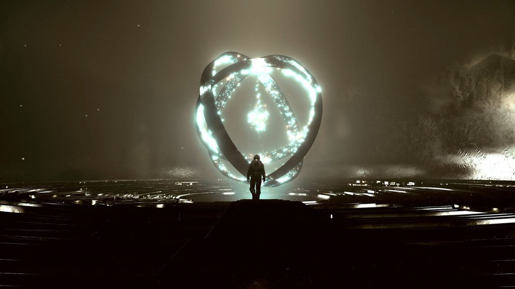 The character from Starfield standing in front of a glowing revolving structure. 