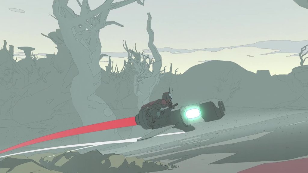 The character from “Raw Fury”, Sable, rides his hoverbike, whose engines produce jet trails. 