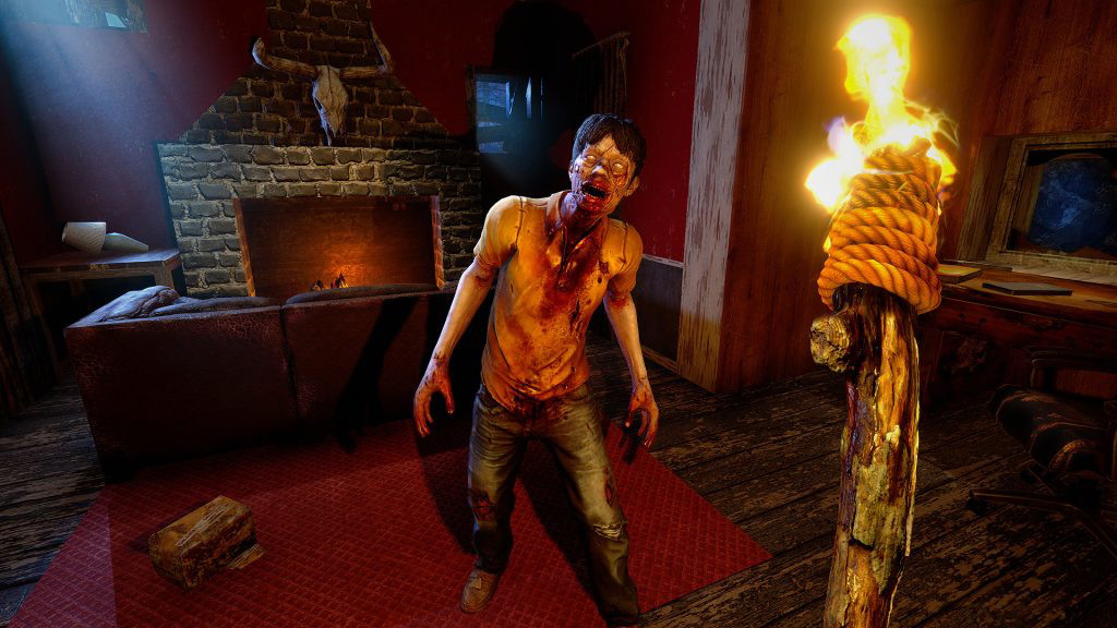 The character from 7 Days to Die holding a burning torch in front of a zombie inside of a house.