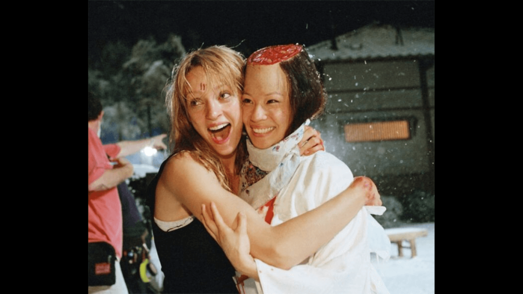 Uma Thurman and Lucy Liu on the set of Kill Bill Vol. 1