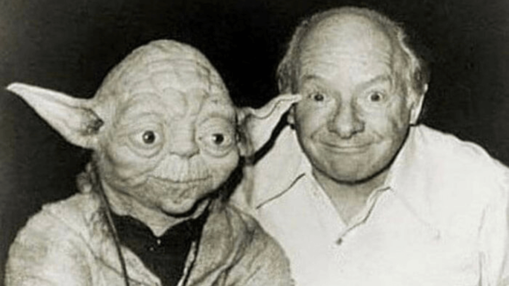 Stuart Freeborn with his creation Yoda on the sets of The Empire Strikes Back