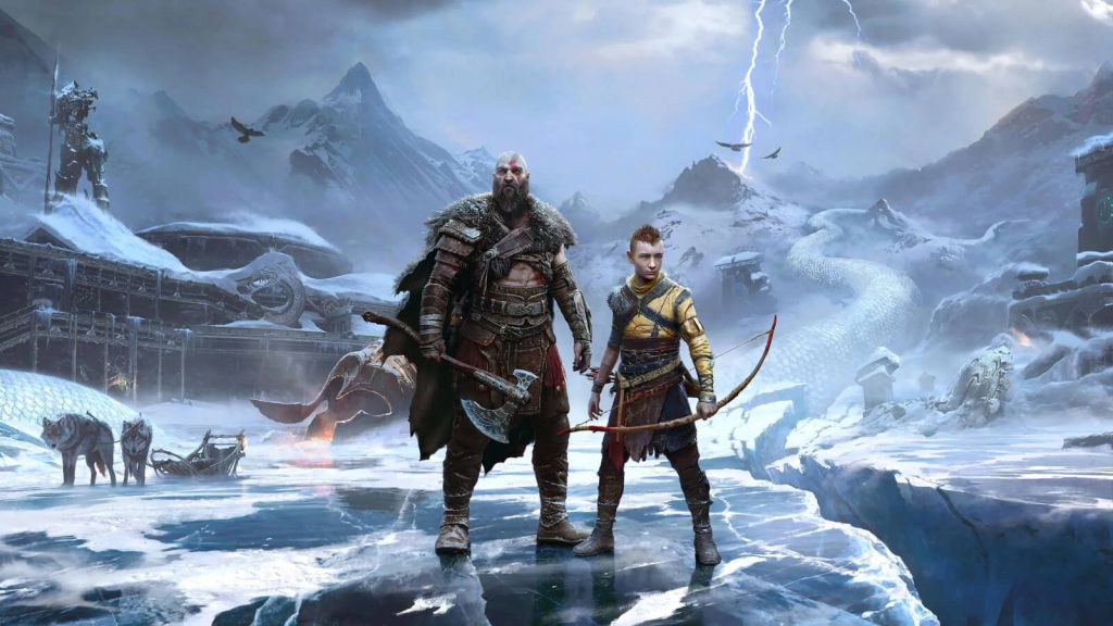 Atreus and Kratos standing on snow mountains