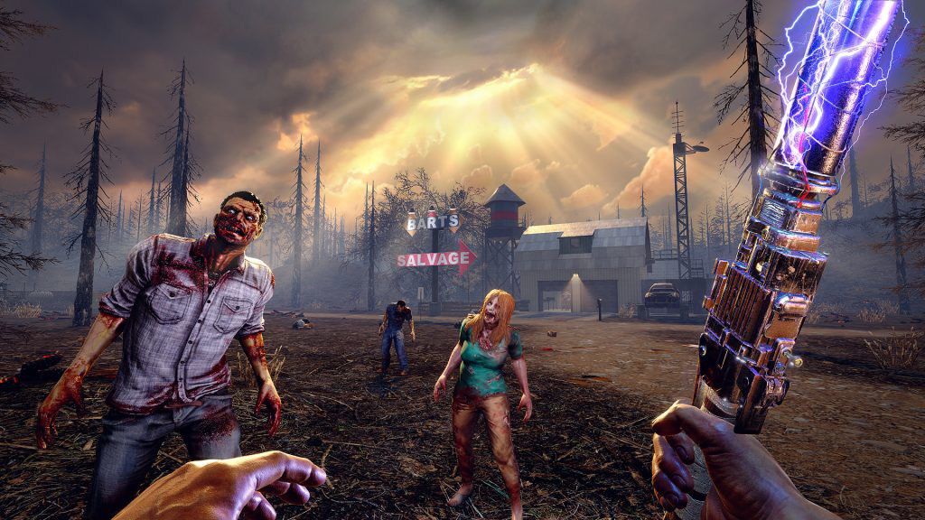 The character from 7 Days to Die holding an electrified weapon when facing some zombies.