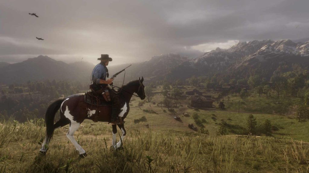 Screenshot from Red Dead Redemption 2 showing the protagonist sitting on a horse and looking over the surroundings with a weapon in his hand.