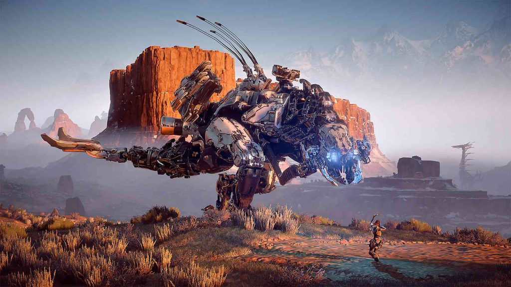 Screenshot from Horizon Zero Dawn showing Aloy aiming a bow and arrow at a giant machine towering above her