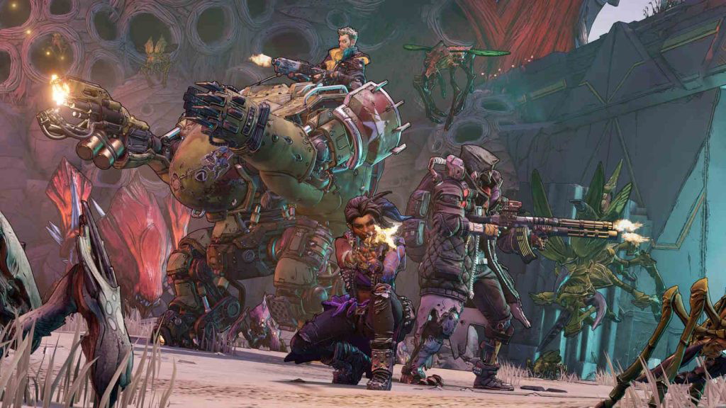 Screenshot from Borderlands 3 showing three characters shooting, one of them on a mech. 