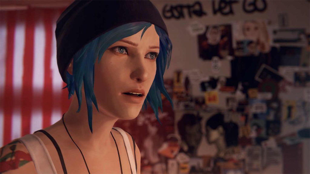 Screenshot from Life Is Strange Remastered showing Chloe in a room in front of a wall covered with photos, drawings, and notes.