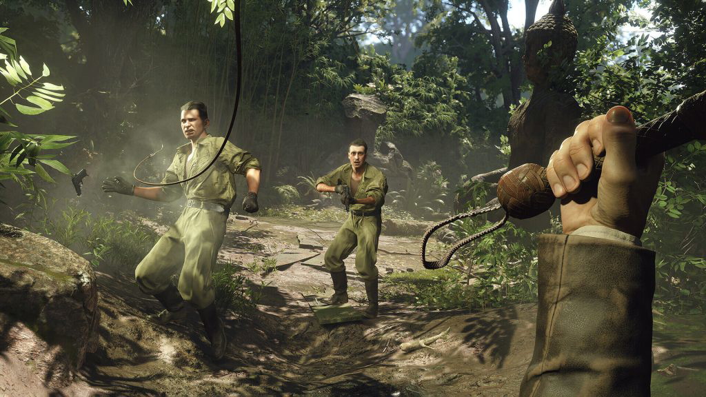 The image shows players fighting enemies in Indiana Jones and the Great Circle