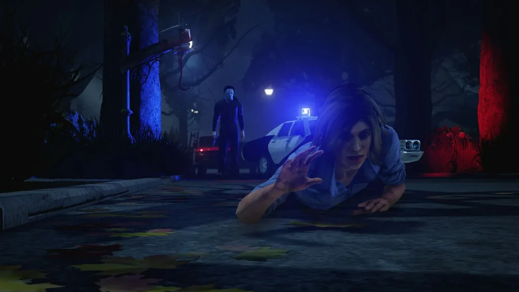 The image shows Halloween's Michael Myers chasing a character in Dead by Daylight