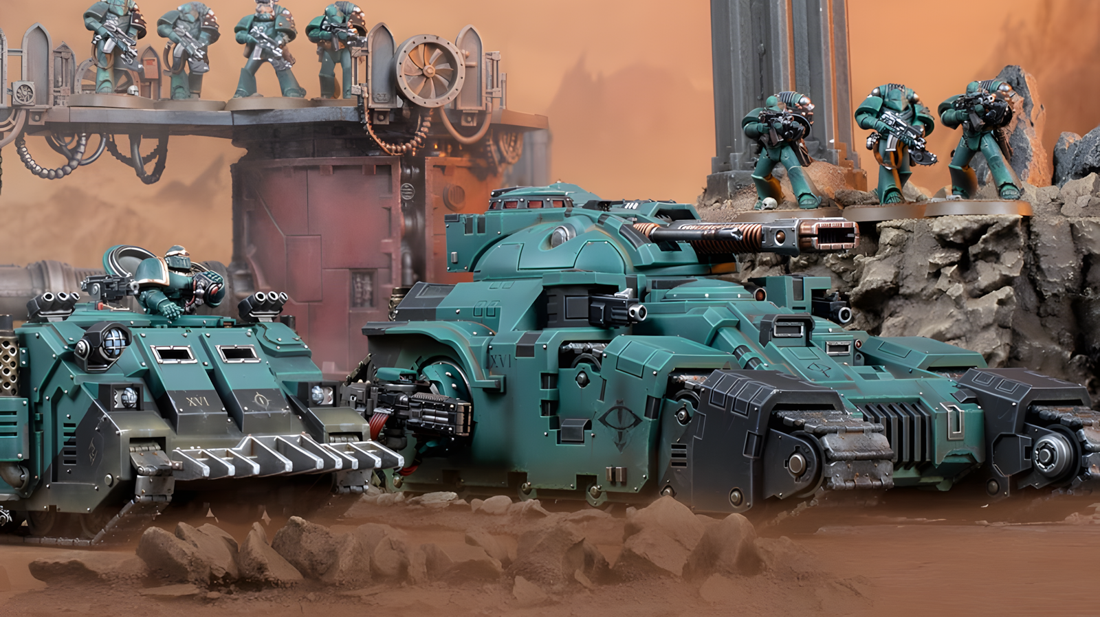 A picture of Volkite weapons from the Warhammer 40K universe from Warhammer Community.