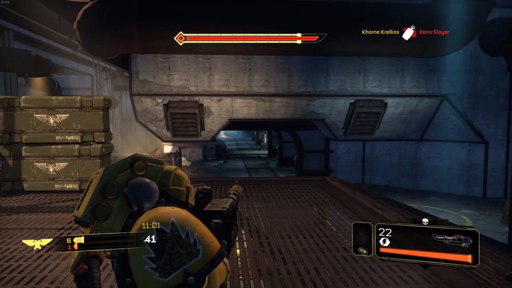 An in-game screenshot of the Lascannon in Space Marine 1 from Relic Entertainment.
