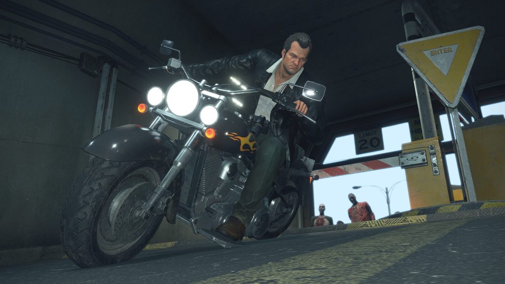 Frank riding a motorcycle in Dead Rising Deluxe Remaster. 