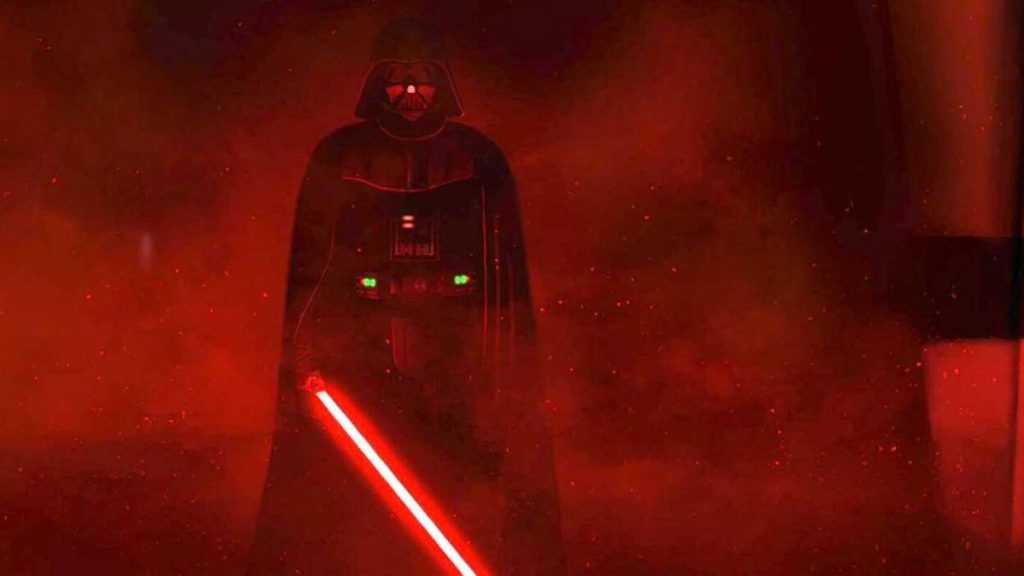 Darth Vader with his iconic red lightsaber in Rogue One: A Star Wars Story