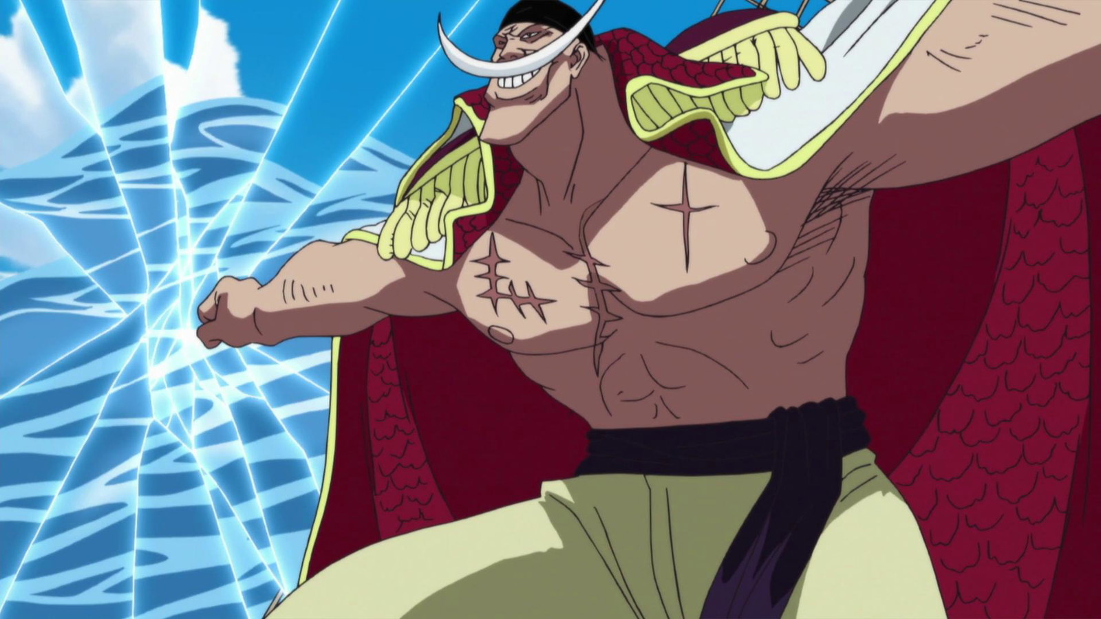 Whitebeard has his hands stretched out on either sides of him in One Piece