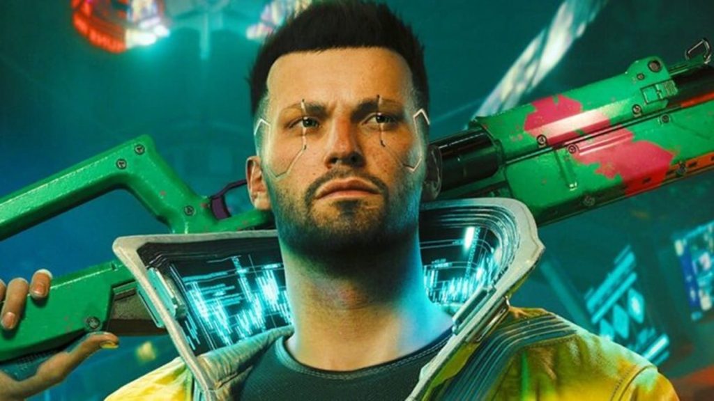 A Cyberpunk 2077 character in focus.