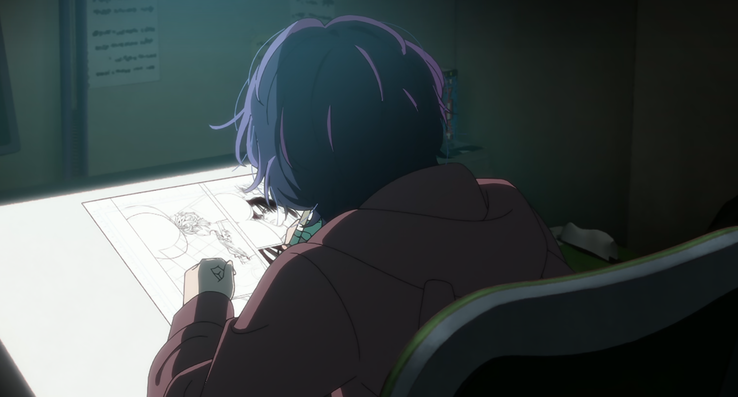 In the anime “Oshi no Ko” you see a person working on a digital manga in a dark room. 