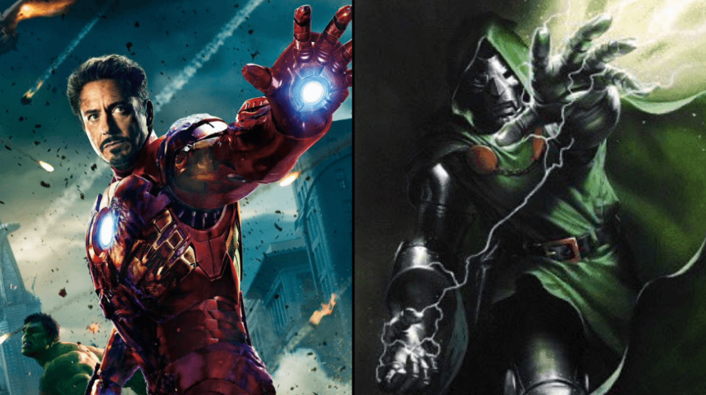 RDJ's Iron Man in the MCU (L) and Doom in the comics (R). | Credits: Marvel Studios/Marvel Comics.