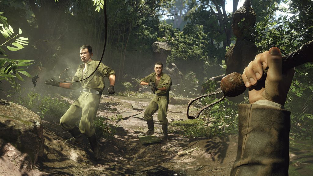 The image shows an cinematic cutscene of Indiana fighting an enemy in Indiana Jones and the great Circle 