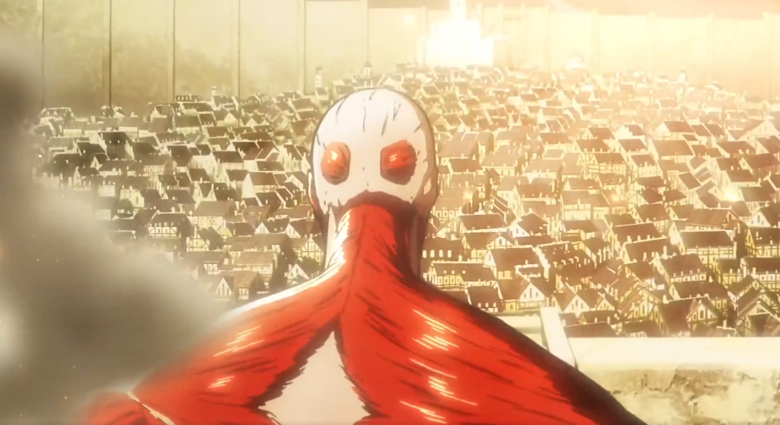 The pictures show a colossal Titan looking over a colony of houses in Attack on Titan 