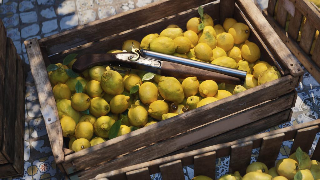 The image shows a shotgun in a fruit crate (smuggling) in Mafia The Old Country. 